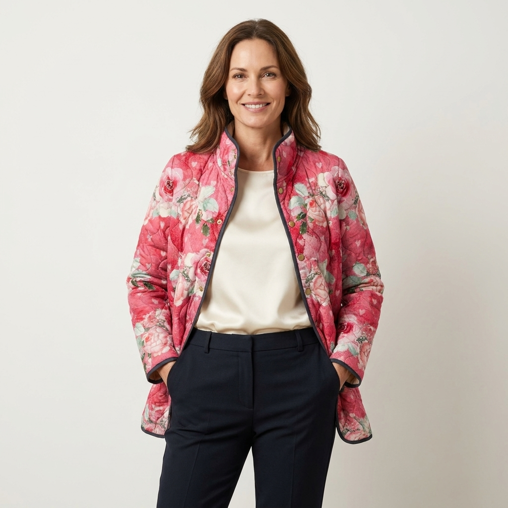 Floral Print Stand Collar Zip Front Quilted Jacket