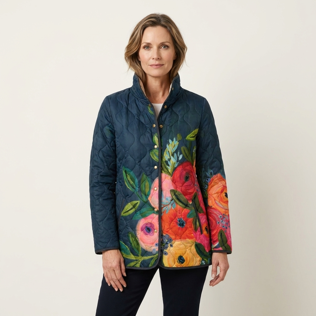 Floral Print Stand Collar Snap Front Quilted Jacket