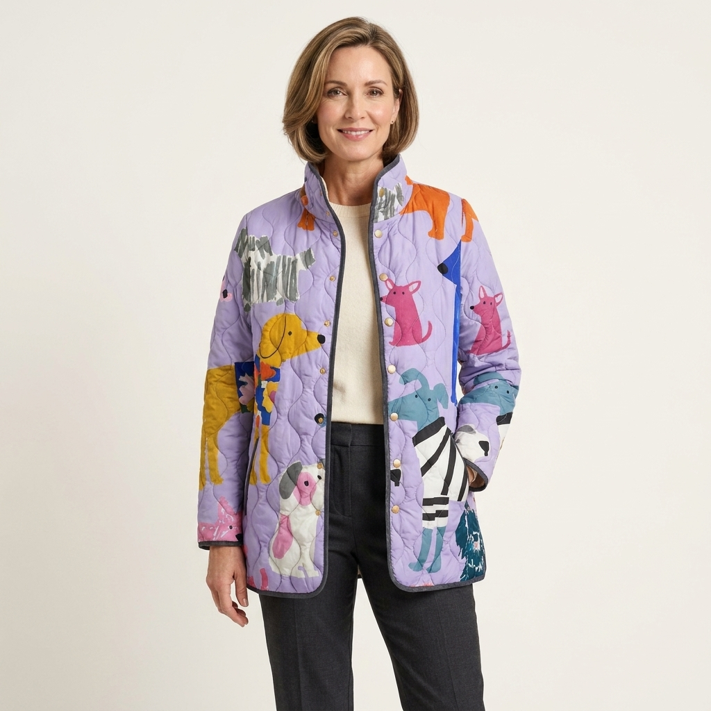 Dog Print Stand Collar Snap Front Quilted Jacket