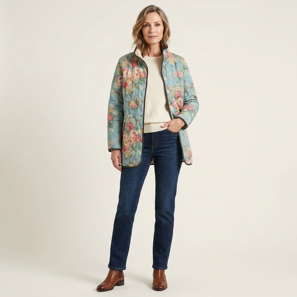 Floral Print Quilted Stand Collar Zip Front Jacket