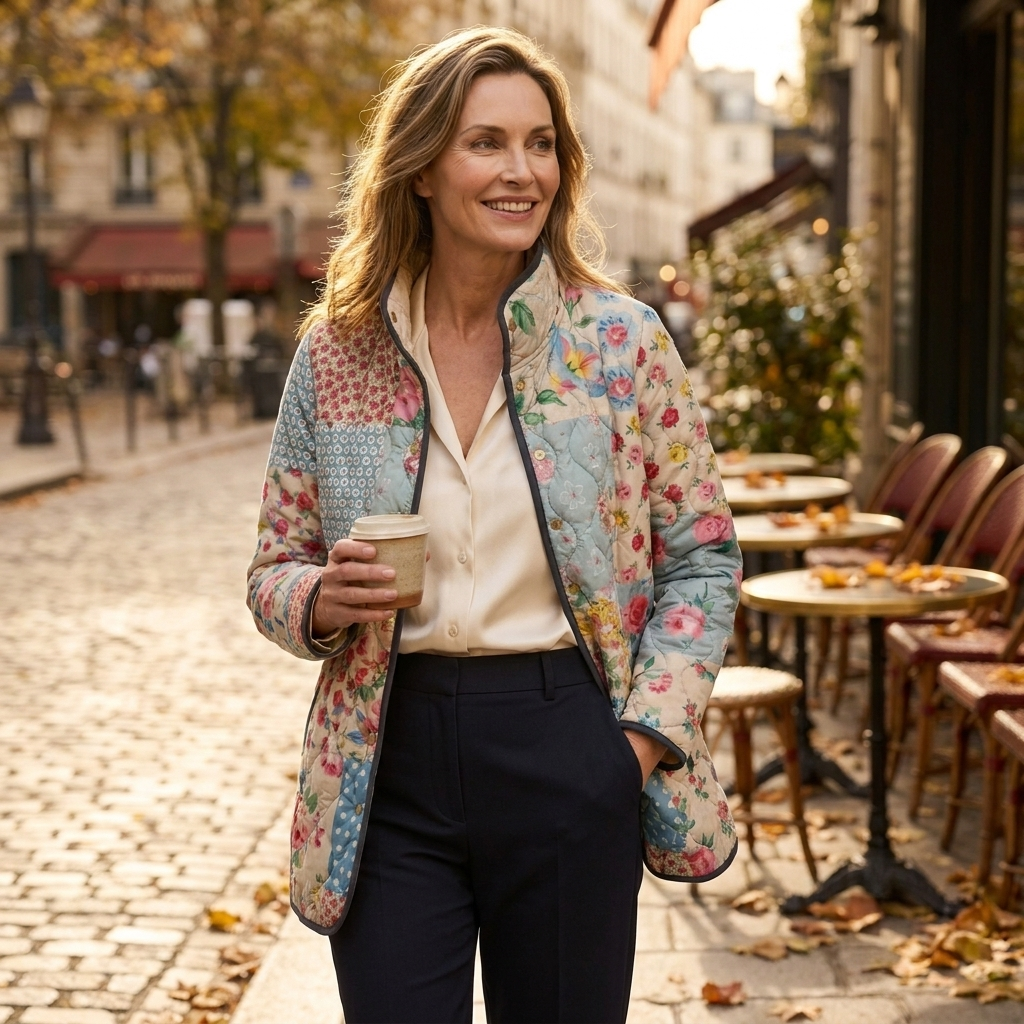 Floral Patchwork Print Stand Collar Open Front Quilted Jacket 2