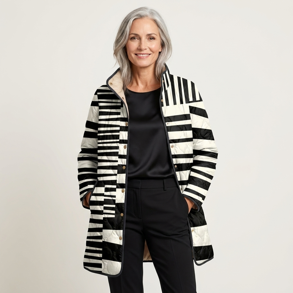 Striped Stand Collar Longline Quilted Coat