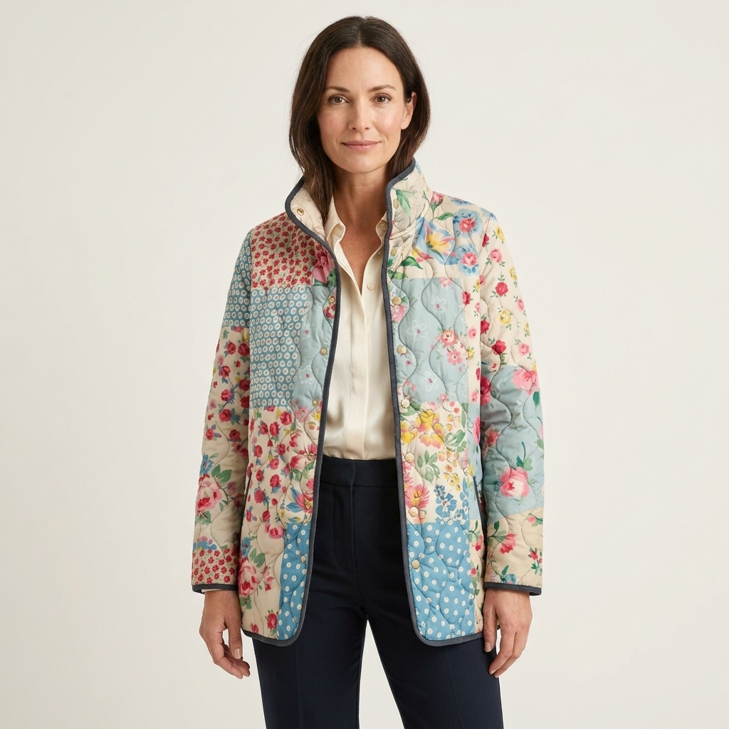 Patchwork Floral Print Stand Collar Open Front Quilted Jacket
