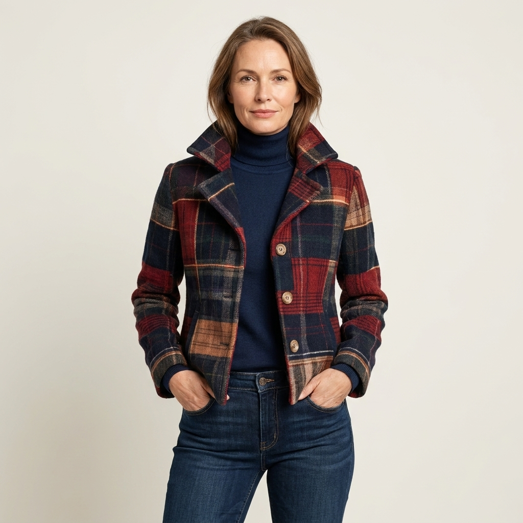 Plaid Notched Collar Button Front Cropped Wool Look Jacket
