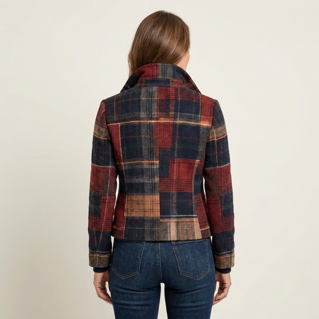 Plaid Notched Collar Button Front Cropped Wool Look Jacket 3