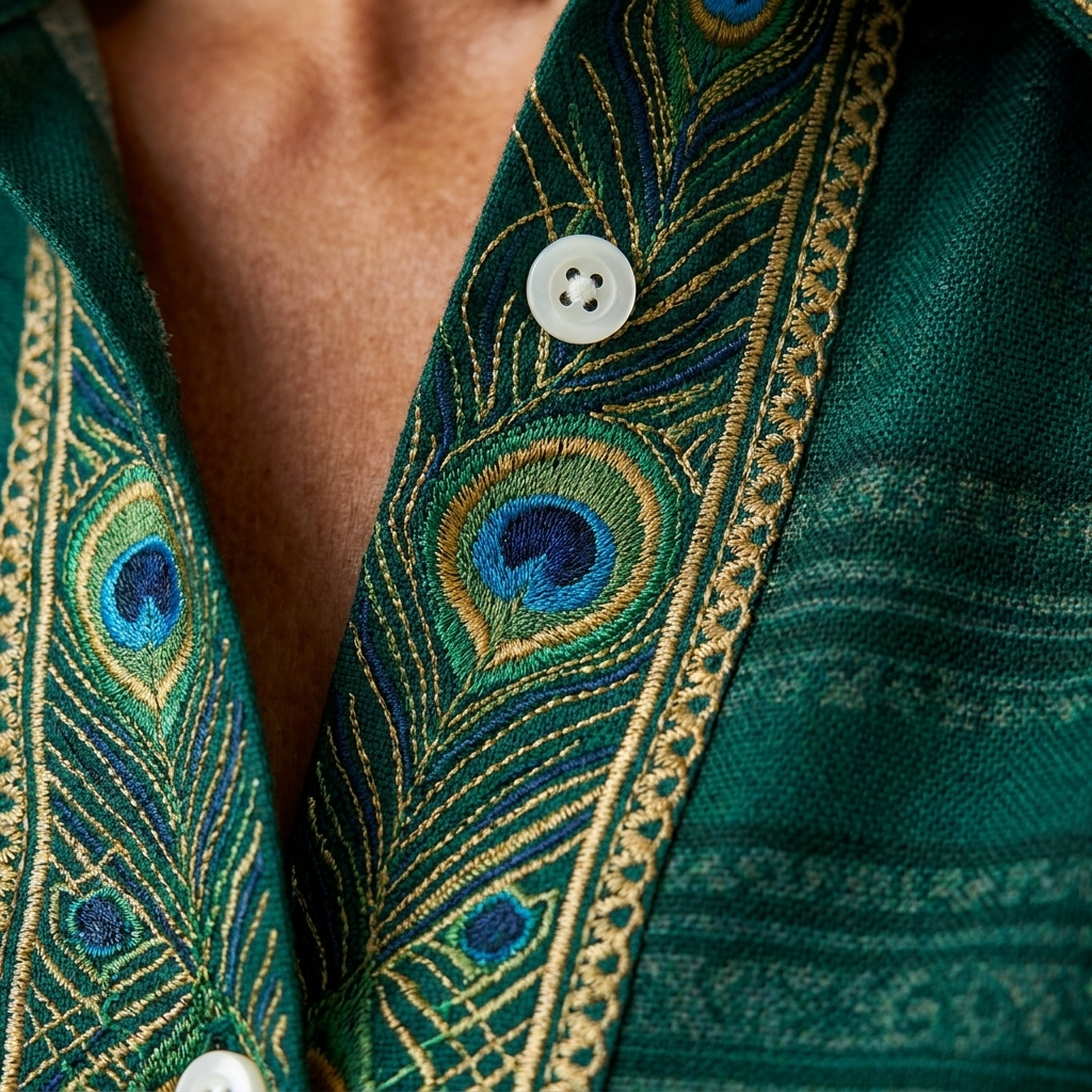 Peacock Feather Print Button Front Collared Blouse 4