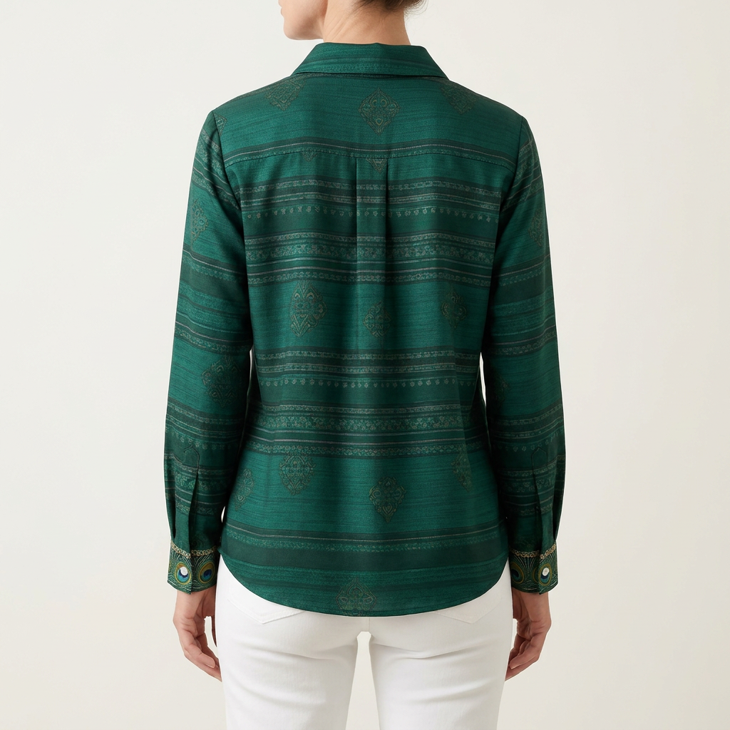 Peacock Feather Print Button Front Collared Blouse 2