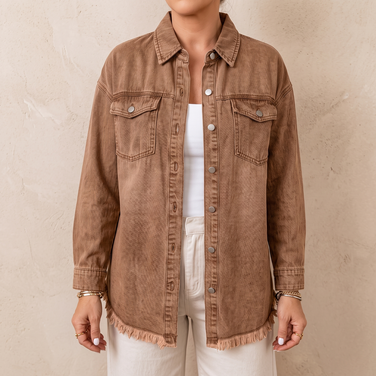 Raw Hem Button Front Denim Shirt Jacket 3