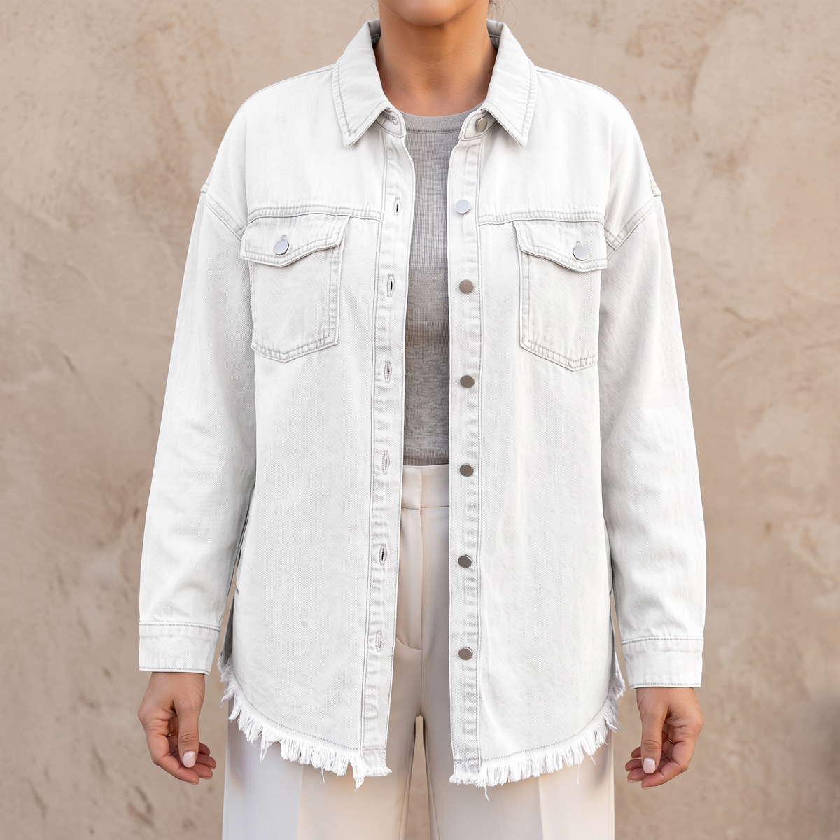 Raw Hem Button Front Denim Shirt Jacket 9