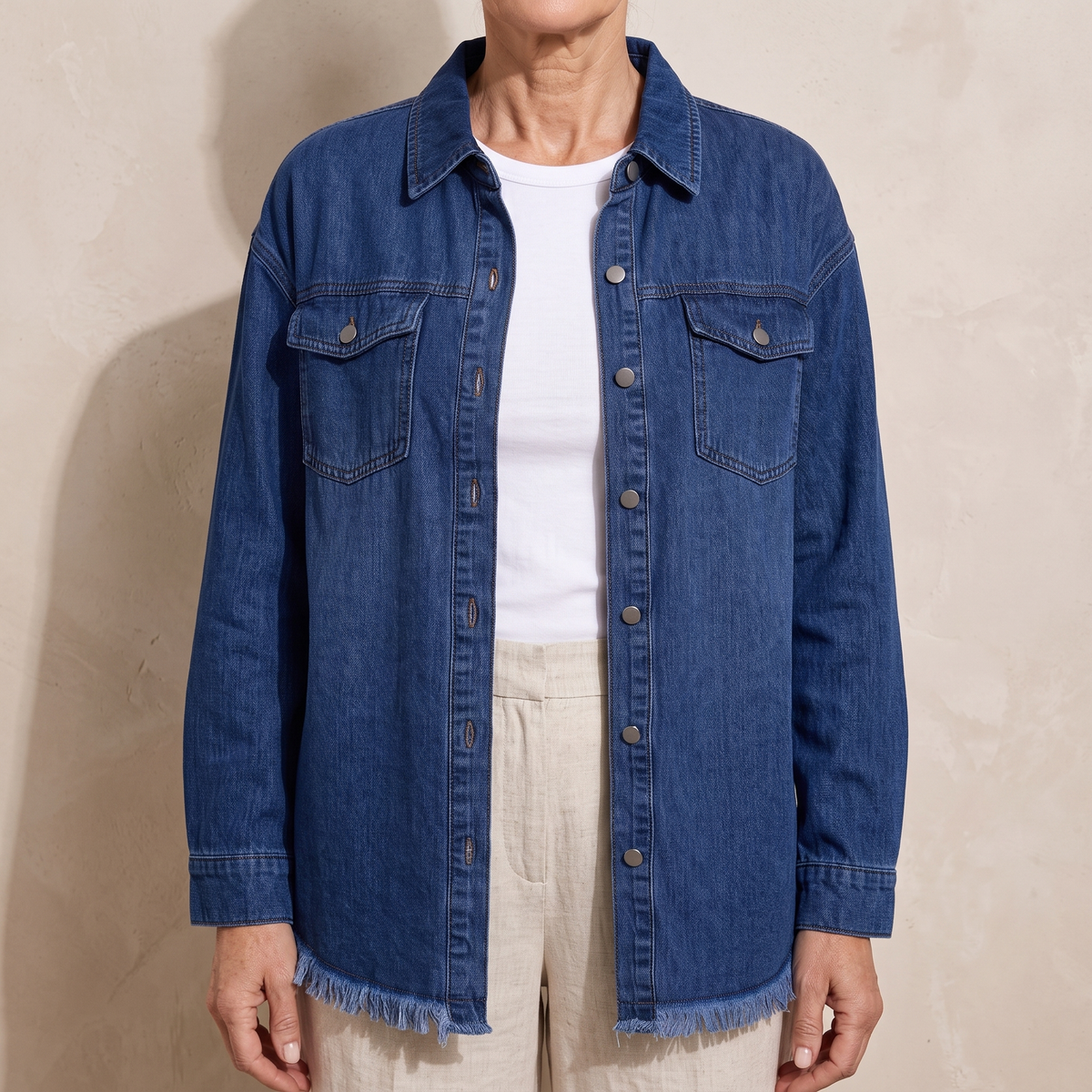 Raw Hem Button Front Denim Shirt Jacket 7