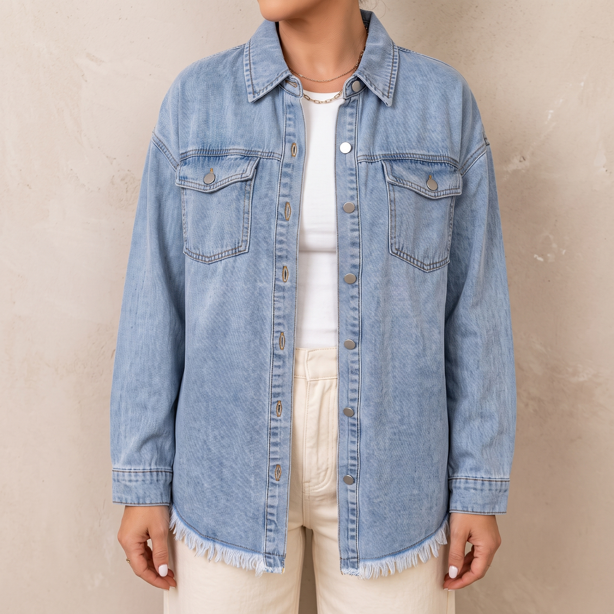 Raw Hem Button Front Denim Shirt Jacket 11