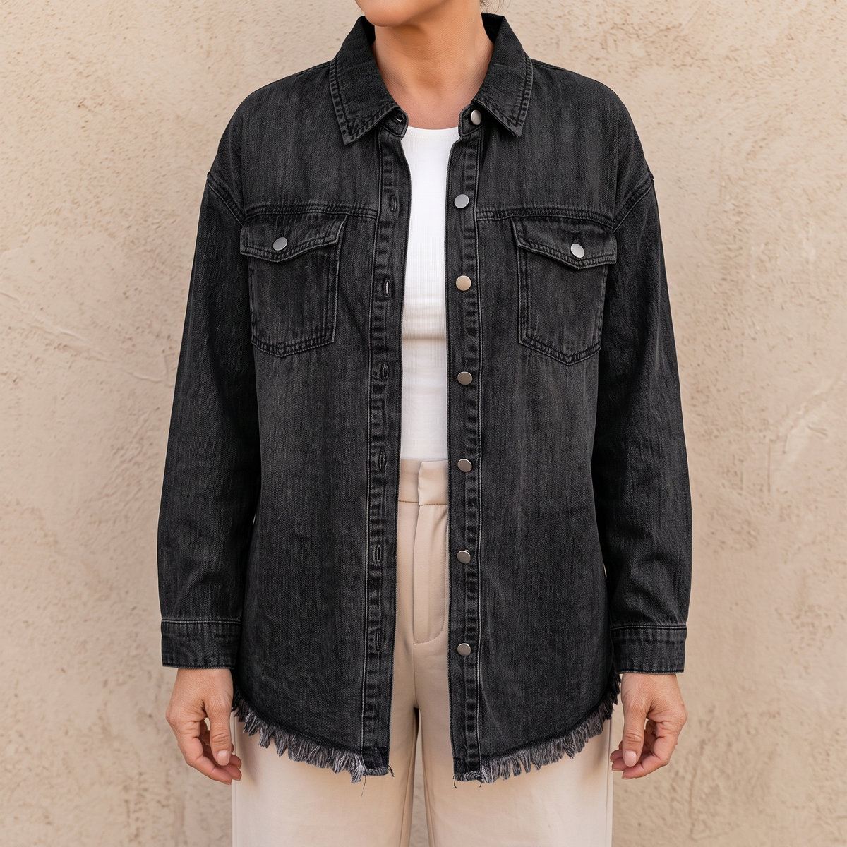 Raw Hem Button Front Denim Shirt Jacket 5