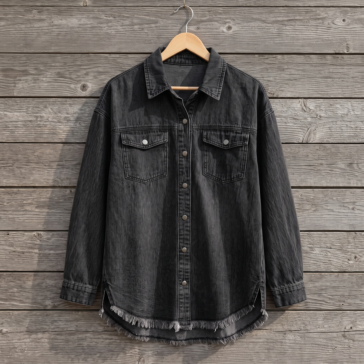 Raw Hem Button Front Denim Shirt Jacket 6