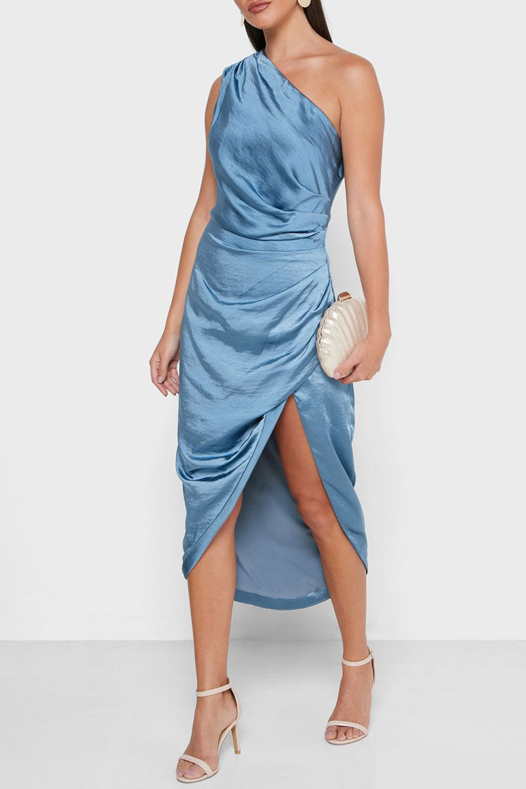 Satin One Shoulder Ruched Wrap High Split Midi Dress - View 2
