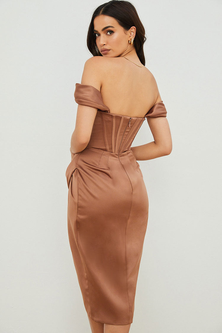 Satin Off Shoulder Corset High Split Ruched Wrap Midi Dress in Coffee - View 3