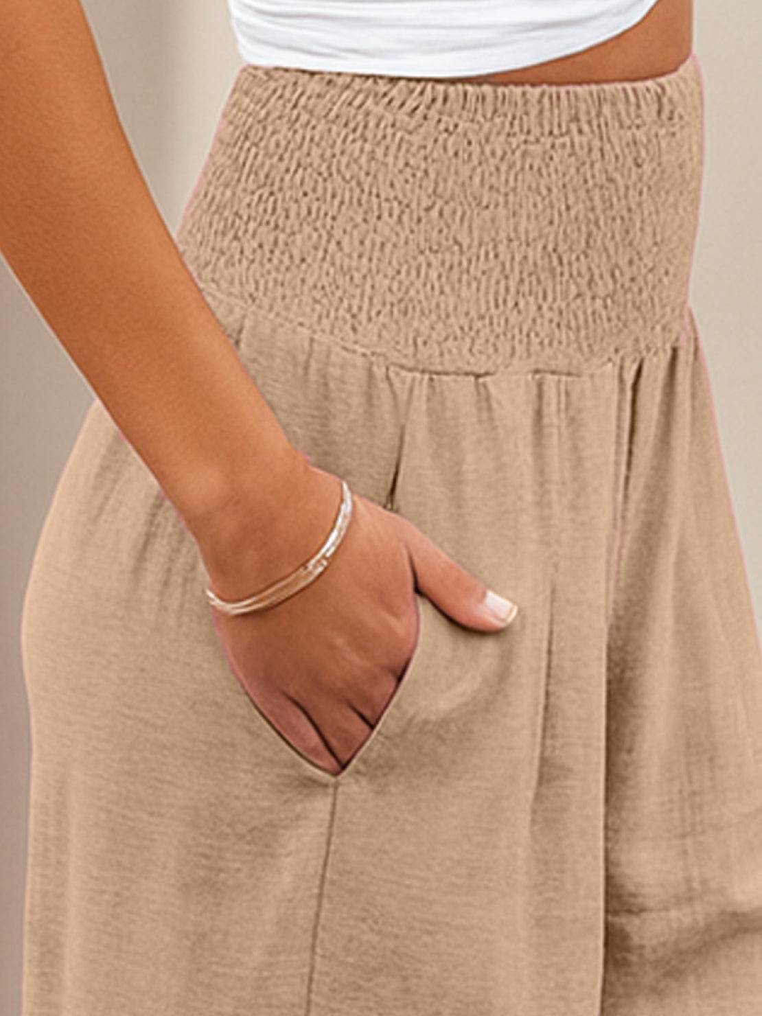 Smocked High Waist Pleated Wide Leg Palazzo Pants 5