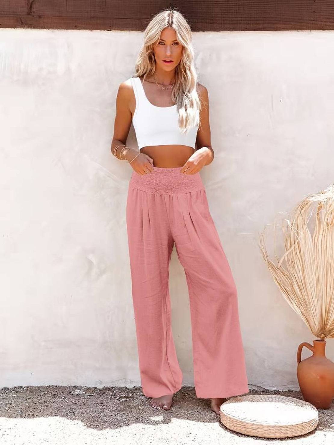 Smocked High Waist Pleated Wide Leg Palazzo Pants 12