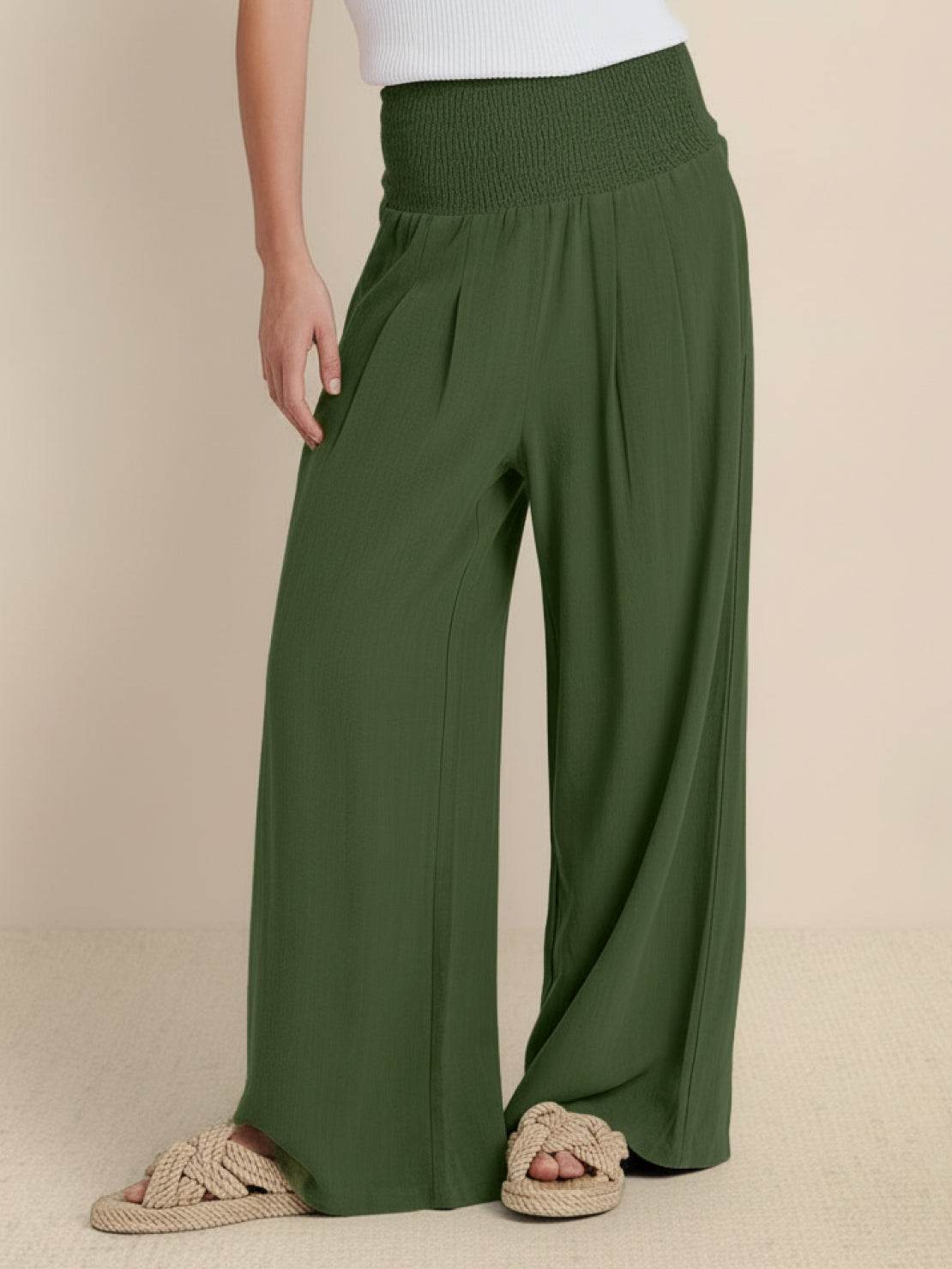 Smocked High Waist Pleated Wide Leg Palazzo Pants 14