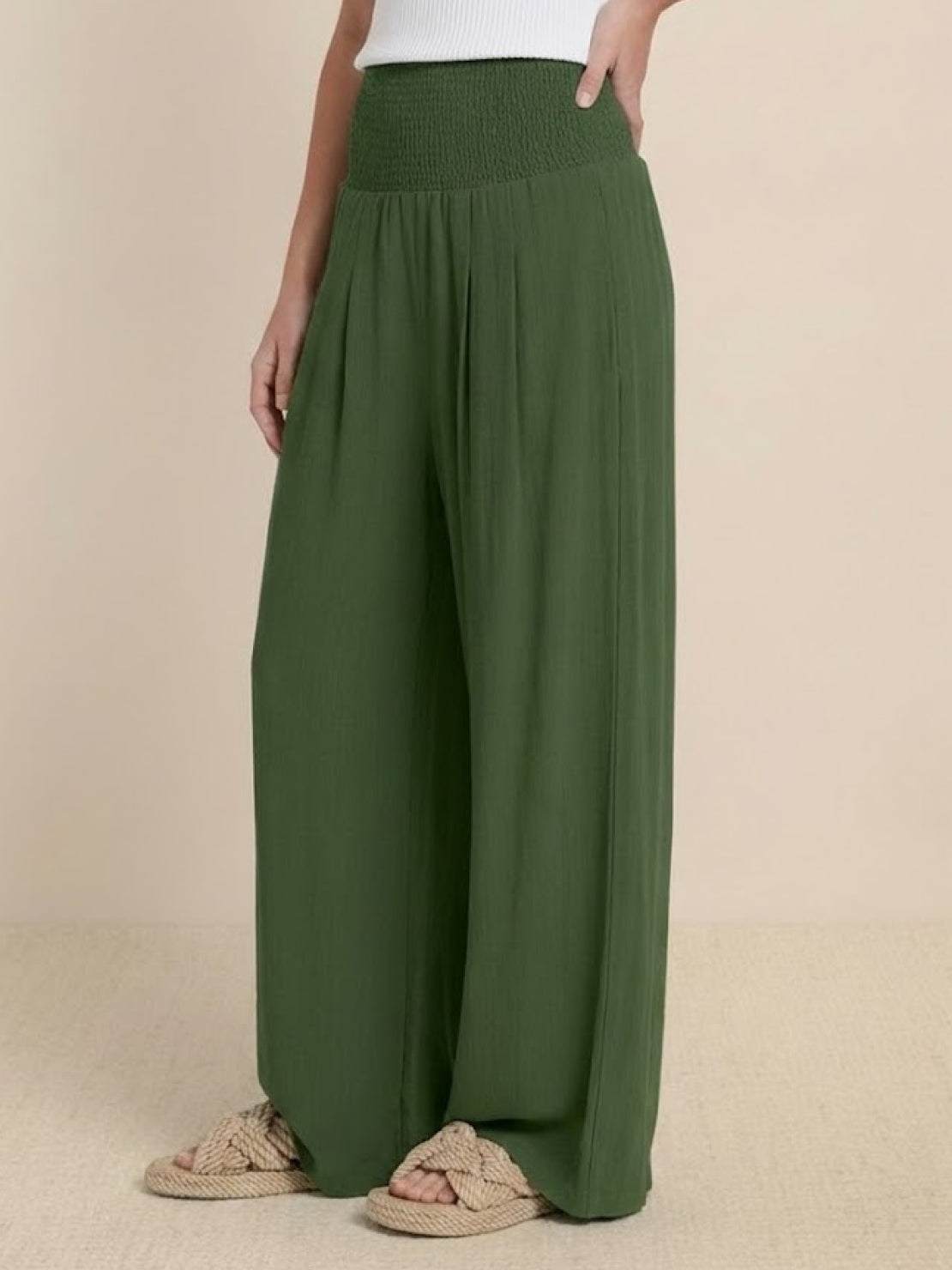 Smocked High Waist Pleated Wide Leg Palazzo Pants 15