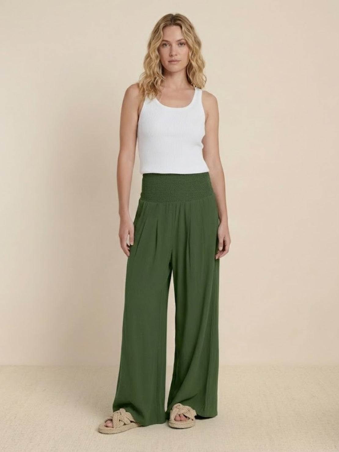 Smocked High Waist Pleated Wide Leg Palazzo Pants 16
