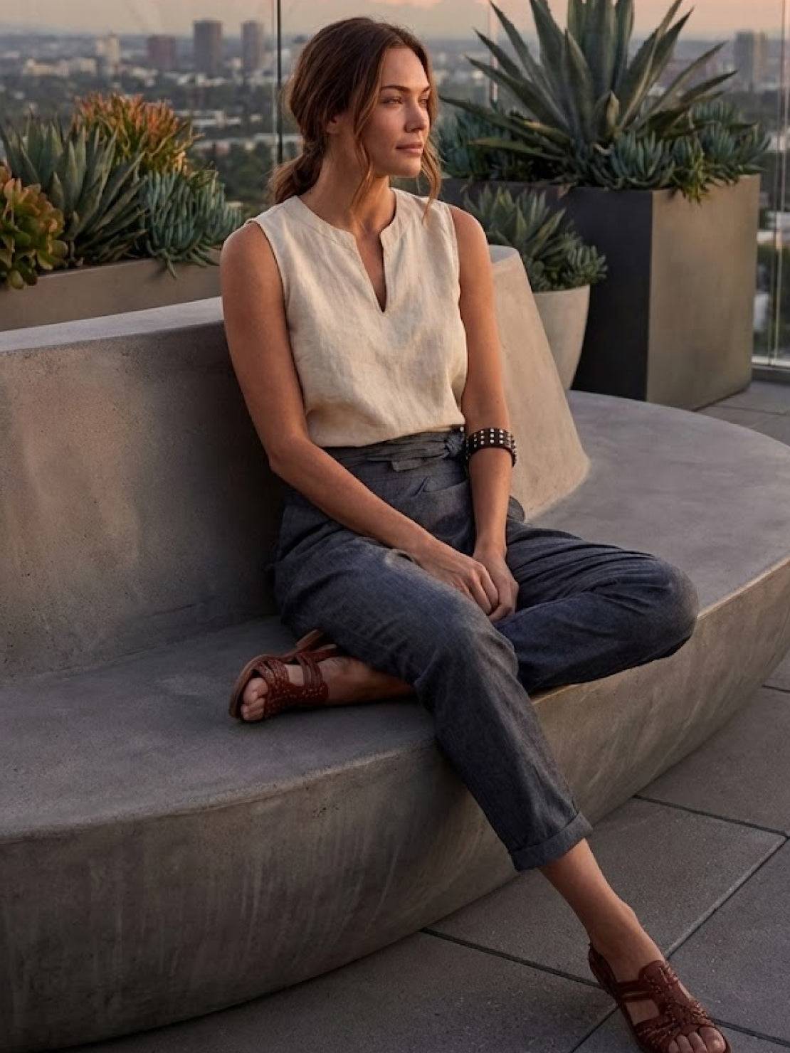 High Waist Wrap Front Tie Tapered Denim Look Pants 4