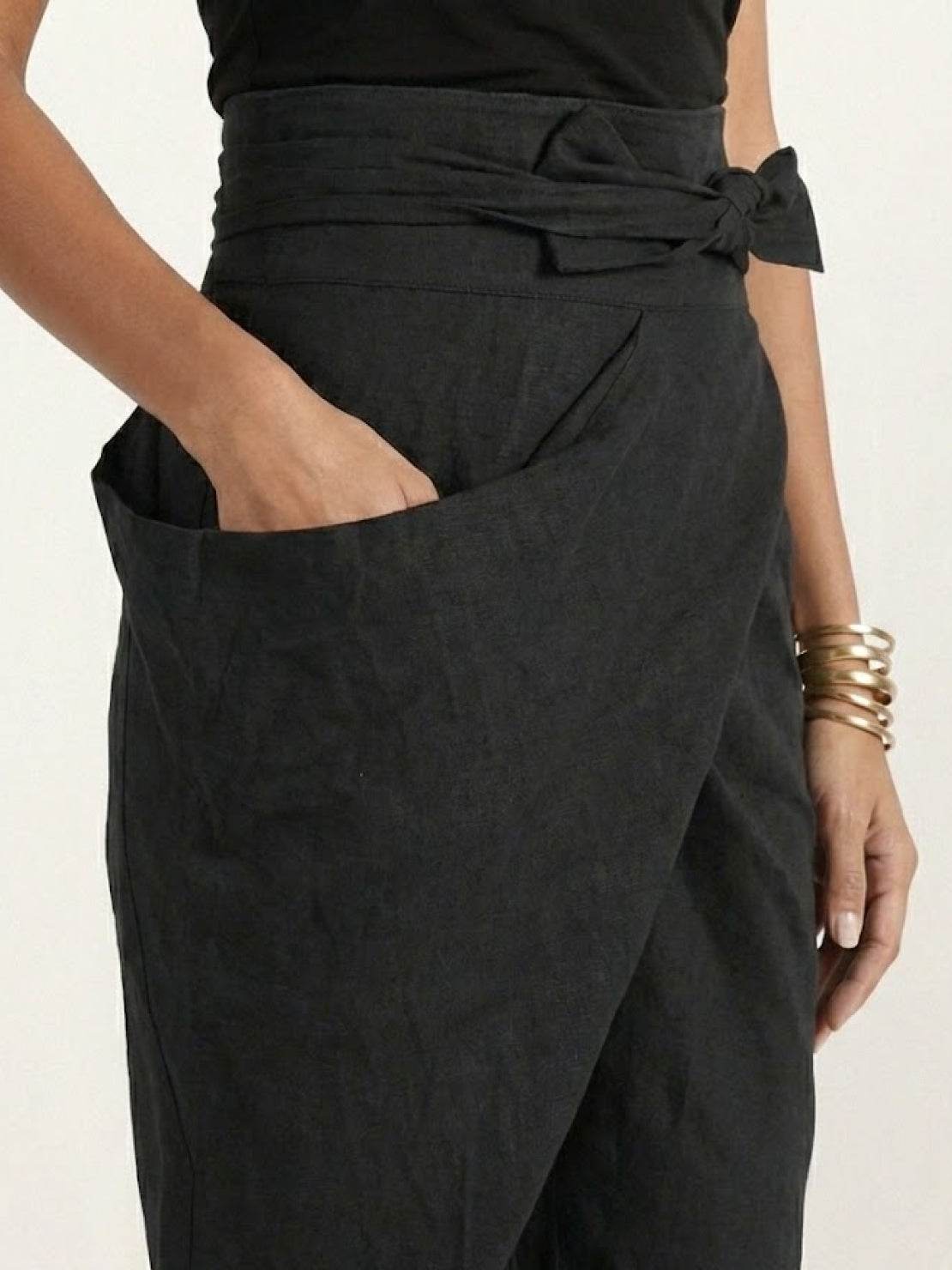 High Waist Wrap Front Tie Tapered Denim Look Pants 25