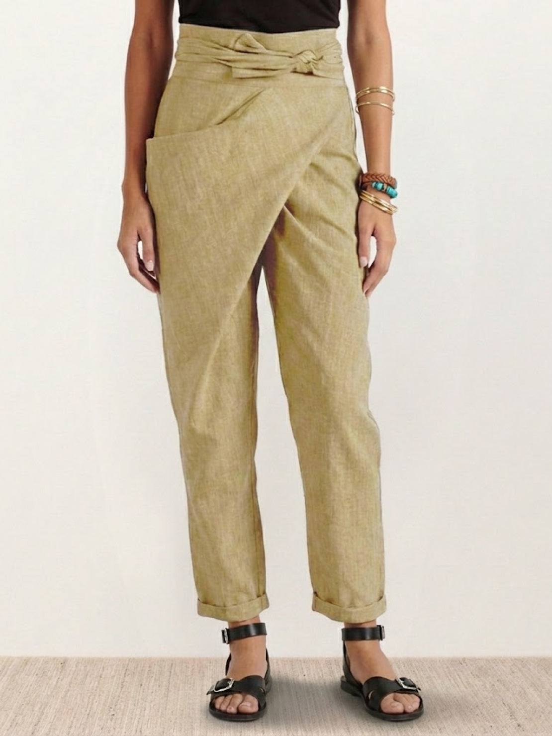 High Waist Wrap Front Tie Tapered Denim Look Pants 17