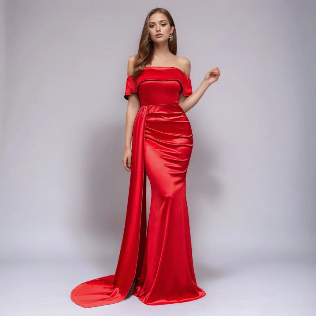 Ruched Long Satin Party Dress Red / Xs Partydress-241208