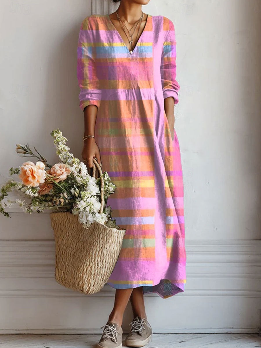 Plaid V-Neck Long Sleeve Pocket Midi Dress