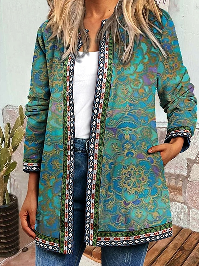 Floral Bohemian Border Print Open Front Longline Jacket 7