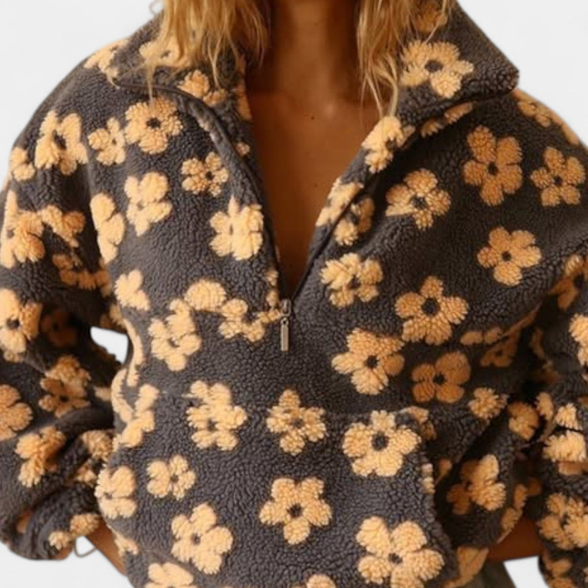 Floral Print Half Zip Collared Sherpa Fleece Pullover 7