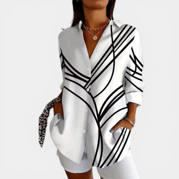Abstract Line Print Collared Long Sleeve Button Blouse 2