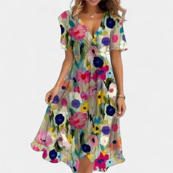 Floral Deep V-Neck Flutter Sleeve Fit and Flare Midi Dress 3