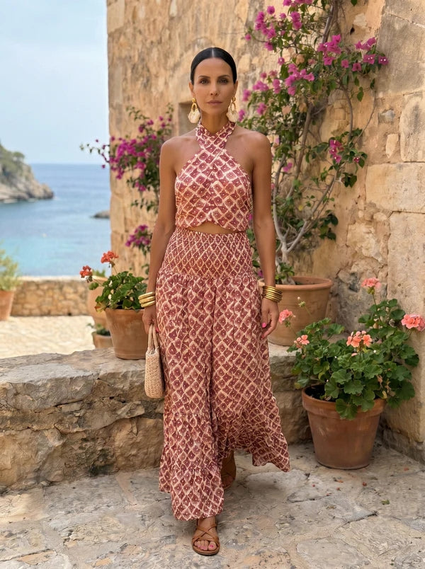 Geometric Print Halter Crop Top and Tiered Maxi Skirt Two Piece Set 3