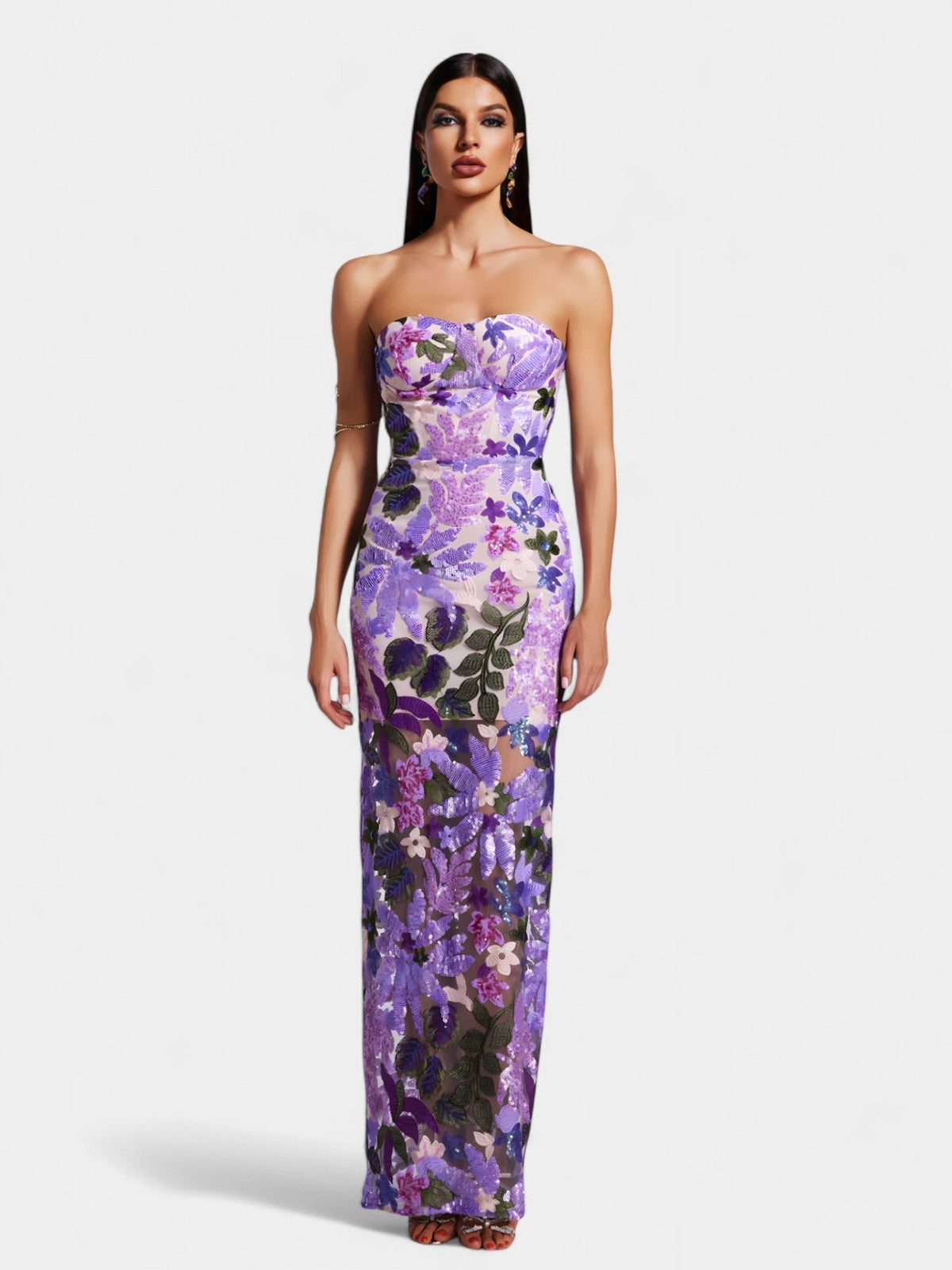 Strapless Floral Sequin Sheer Hem Maxi Dress 16