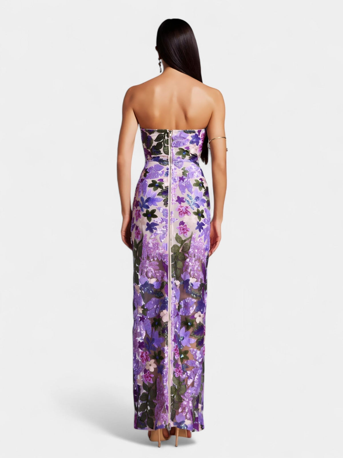 Strapless Floral Sequin Sheer Hem Maxi Dress 15