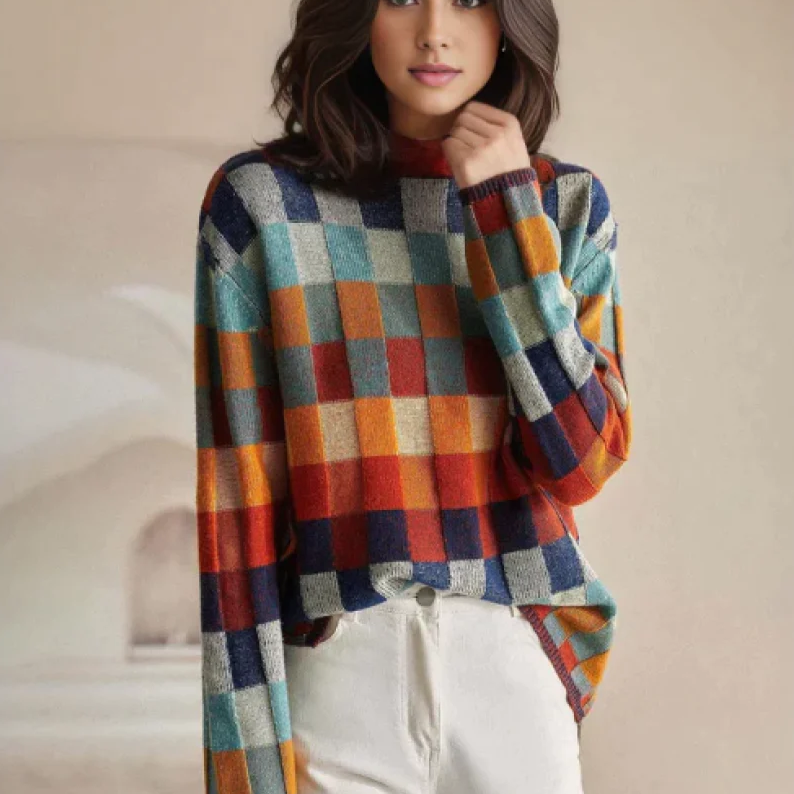Checkerboard Mock Neck Oversized Knit Sweater