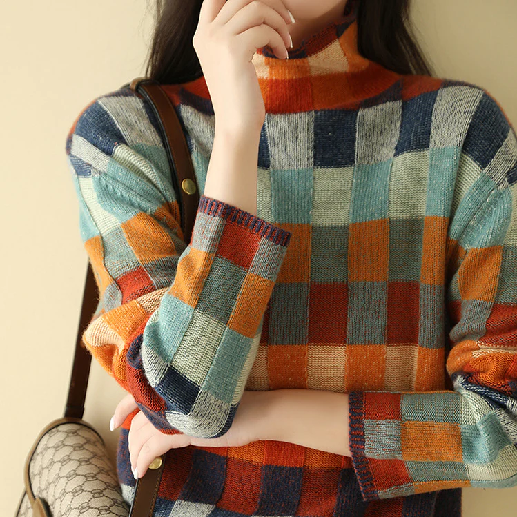 Mock Neck Color Block Checkerboard Knit Sweater 2