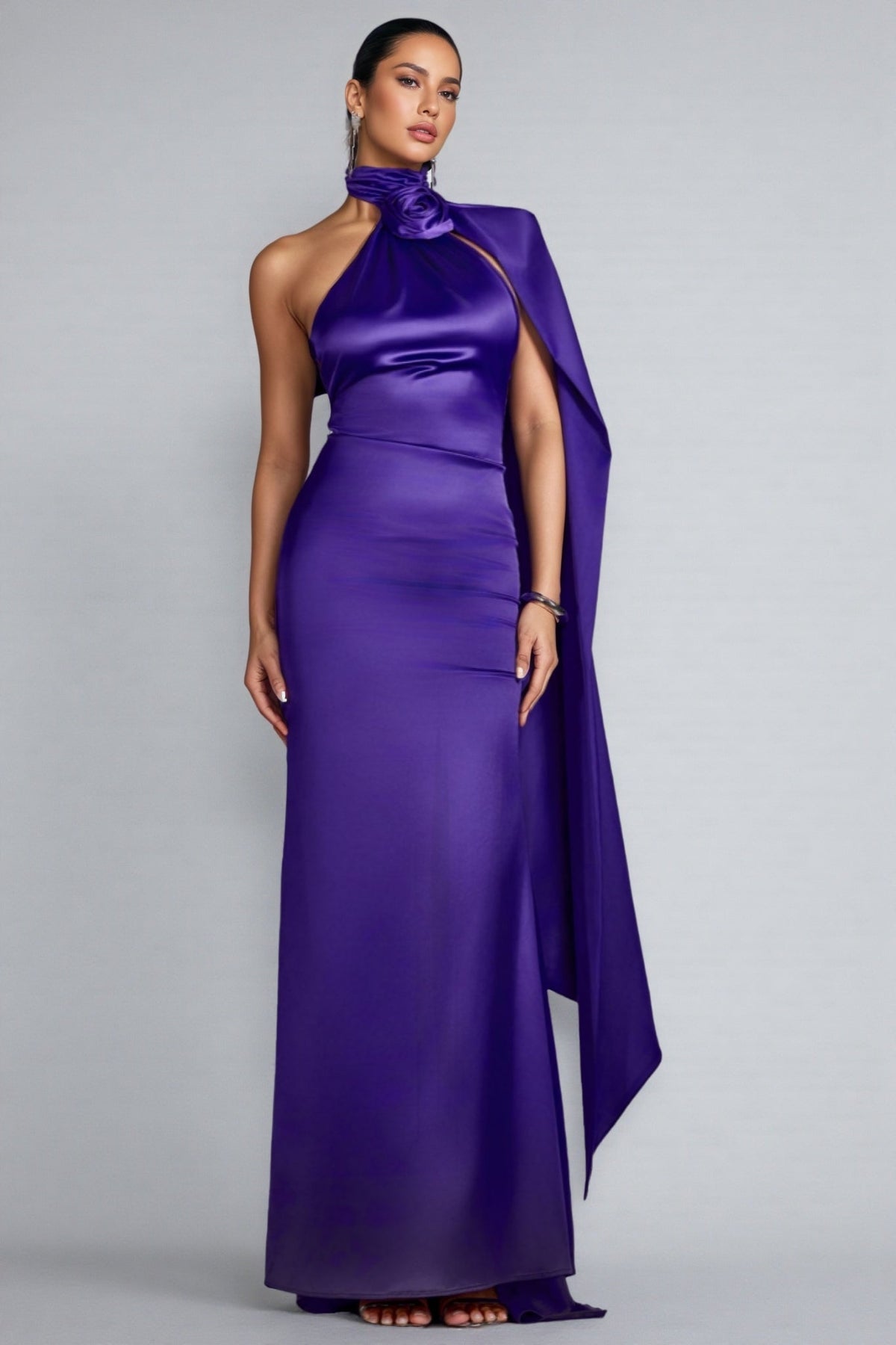 Satin One Shoulder Rosette Applique Draped Maxi Gown