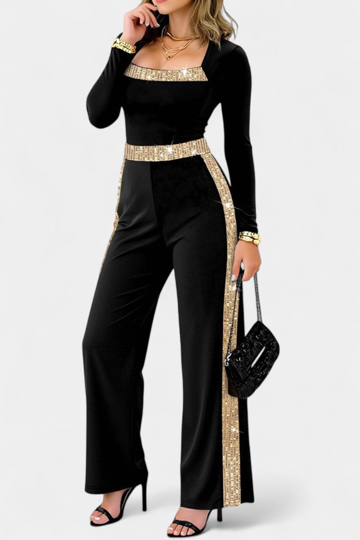 Sequin Trim Square Neck Long Sleeve Wide Leg Jumpsuit 2