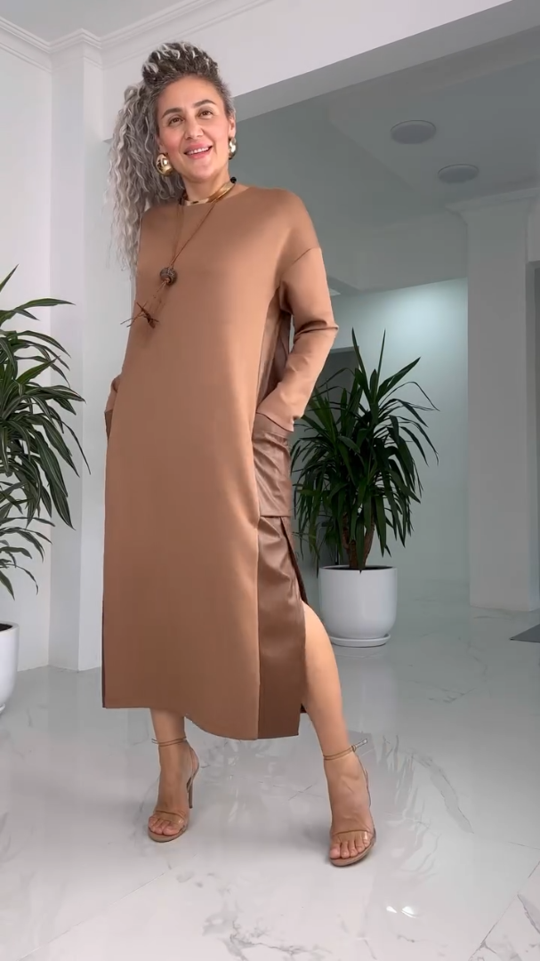Round Neck Long Sleeve Side Split Midi Shift Dress 2