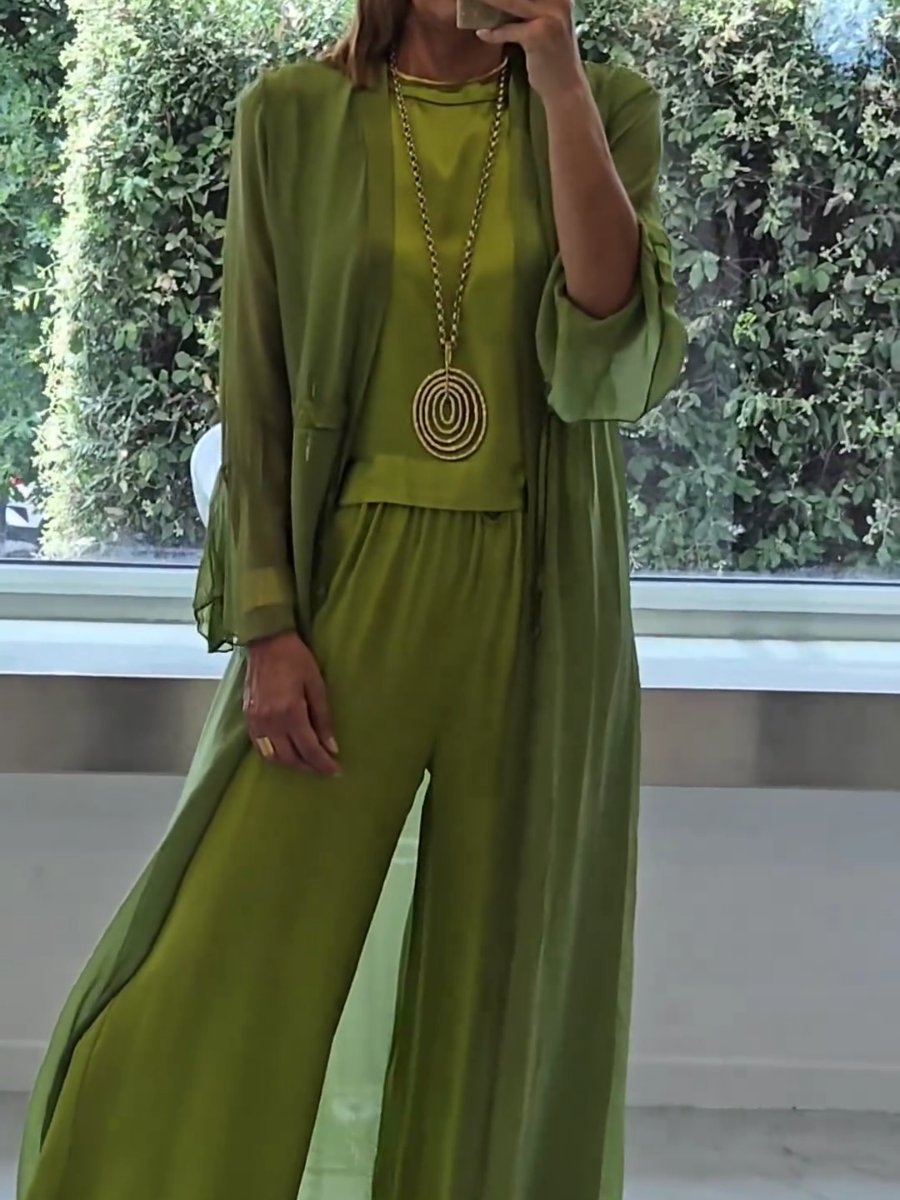 Sheer Longline Duster Tank Top and Wide Leg Pants Three Piece Set 4