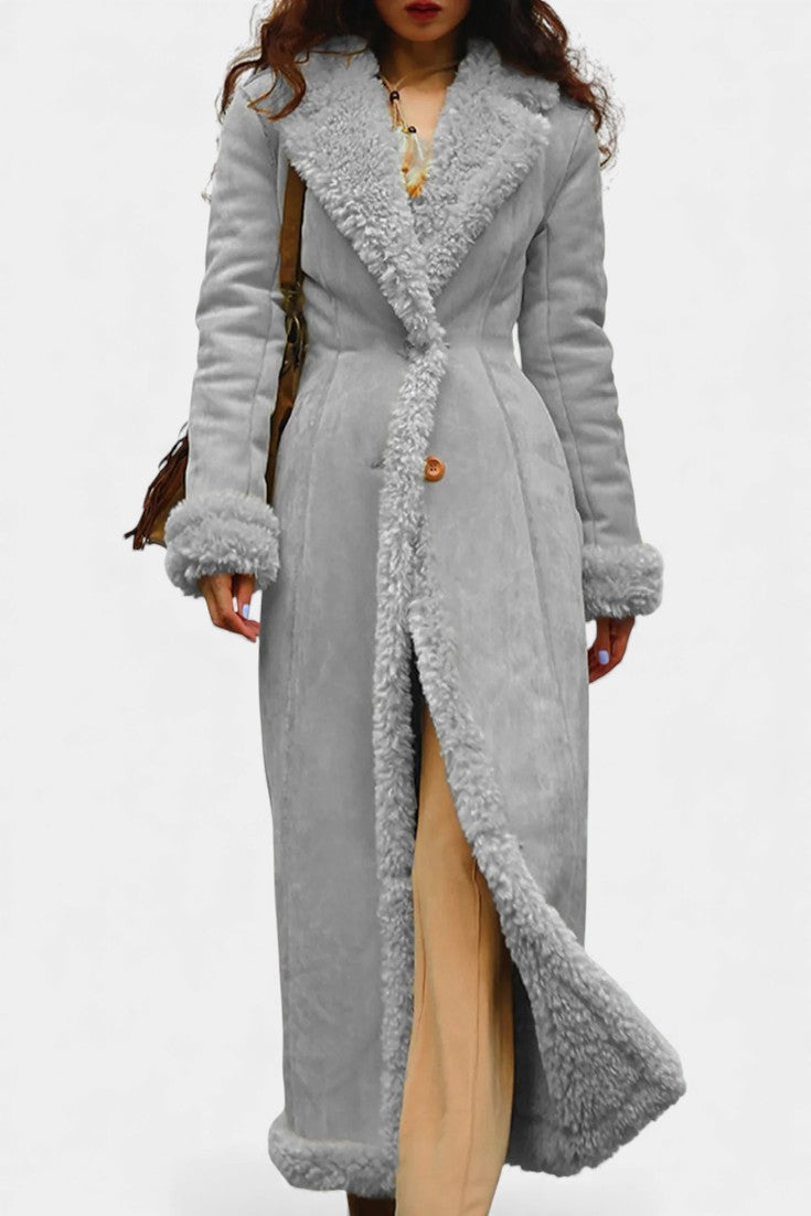 Faux Shearling Lapel Collar Longline Coat 15