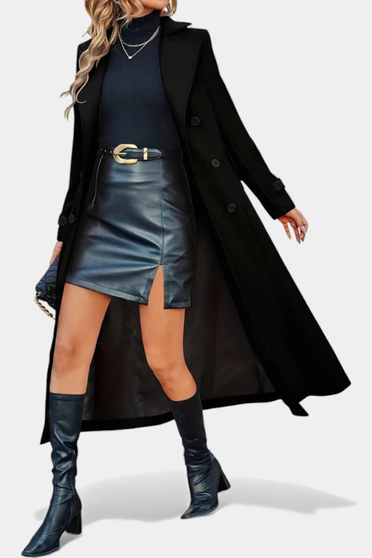 Notched Lapel Double Breasted Belted Longline Coat 13