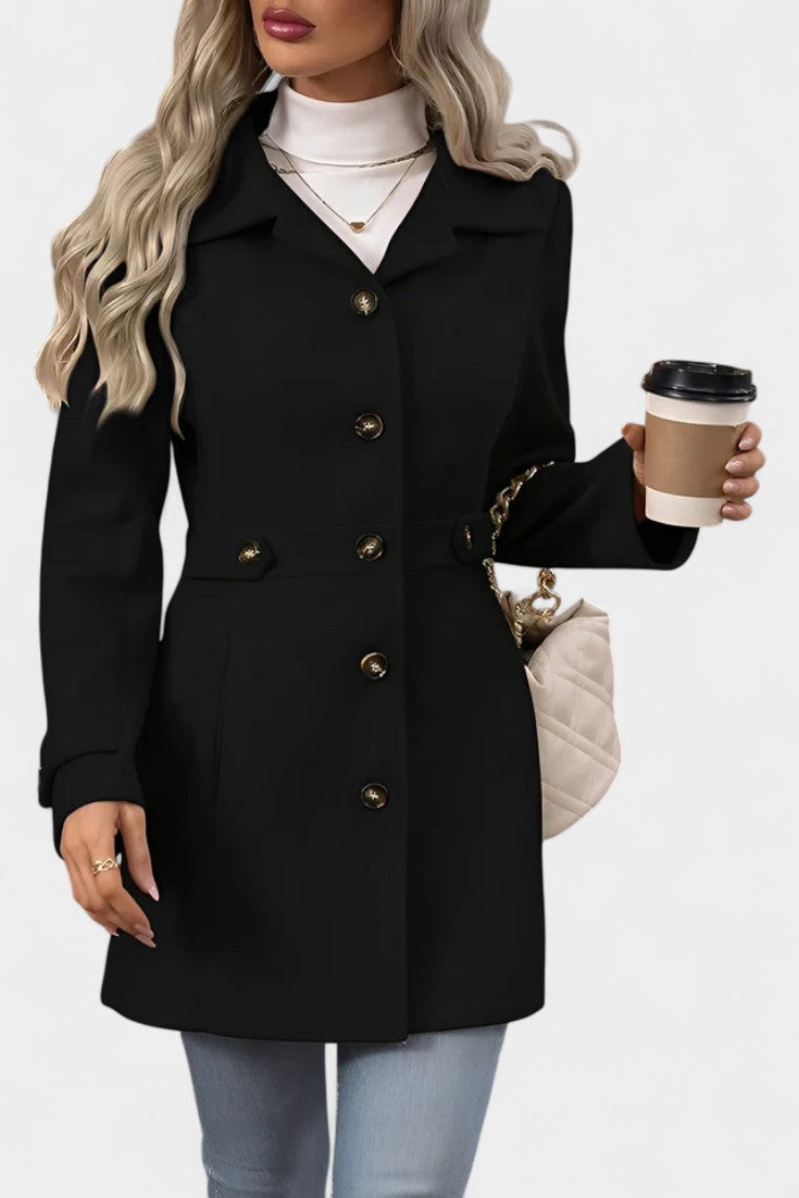 Notch Lapel Button Front Belted Tab Waist Midi Coat 15