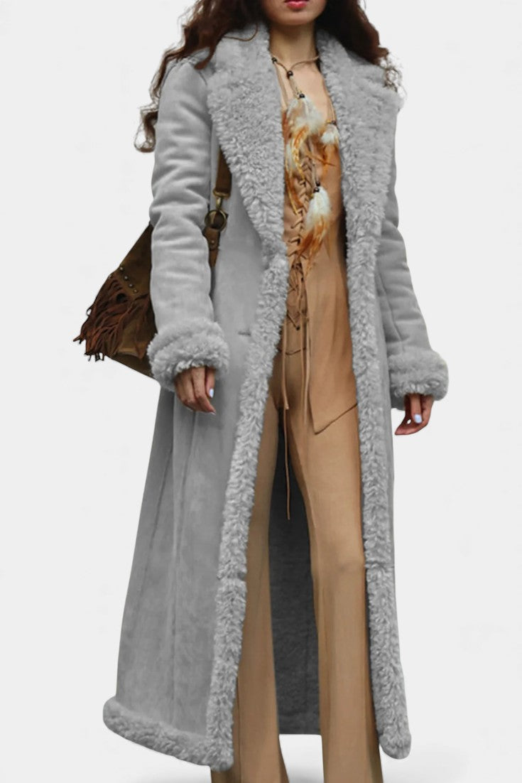 Faux Shearling Lapel Collar Longline Coat 16