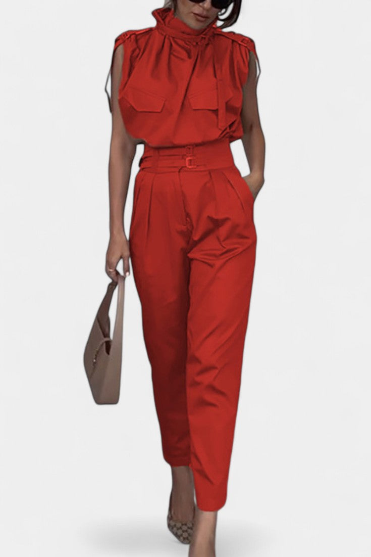 High Neck Sleeveless Top and Belted Tapered Pants Two Piece Set 4