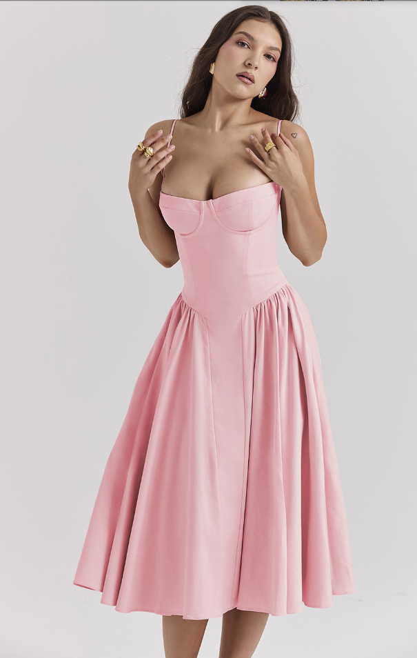 Spaghetti Strap Corset Bodice Pleated Fit and Flare Midi Dress - View 9
