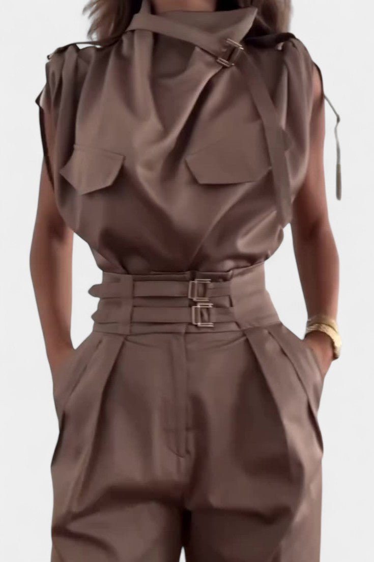 High Neck Sleeveless Top and Belted Tapered Pants Two Piece Set 5