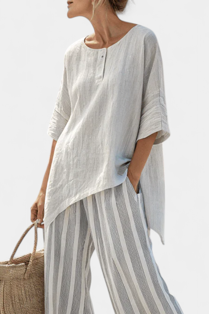 Short Sleeve Asymmetric Hem Top and Striped Wide Leg Pants Two Piece Set 3